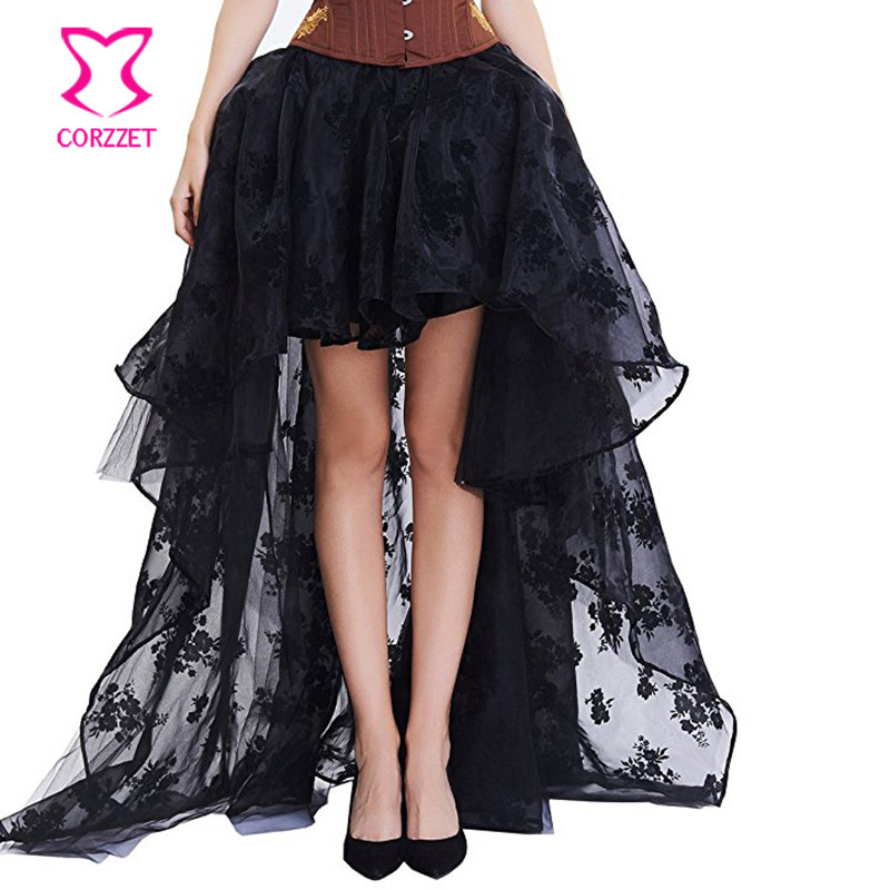 Summer Victorian Clothing - Preto floral chiffon frente curto para