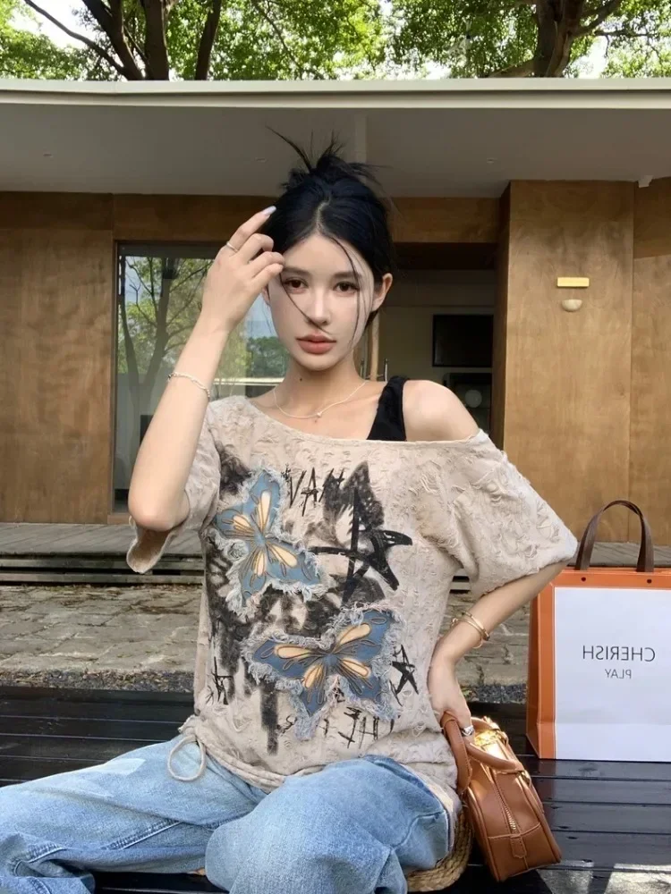 Houzhou vintage gráfico camise - Summer Grunge Clothing avaliação e preço