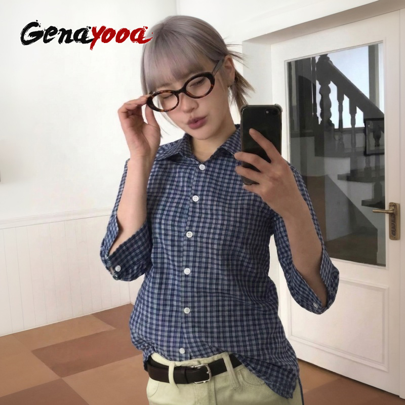 Genayooa y2k camisa xadrez fem - Summer Grunge Clothing avaliação e preço